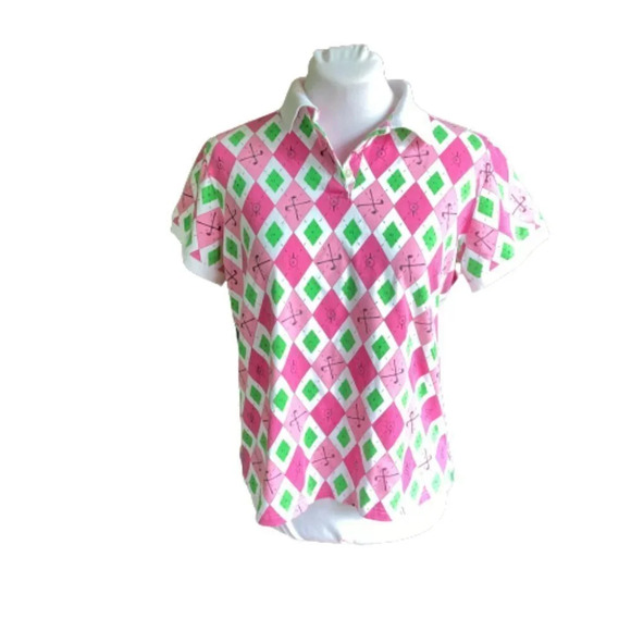 ALLYSON Whitmore Golf Polo Pink, White & Green Pattern w Golf Tees and Clubs, PL - Picture 1 of 11